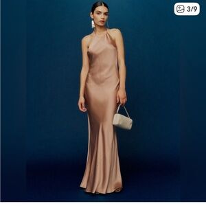 REFORMATION Silk Maxi Dress Halter Tie Neck Open Back Flowy Satin Gown S